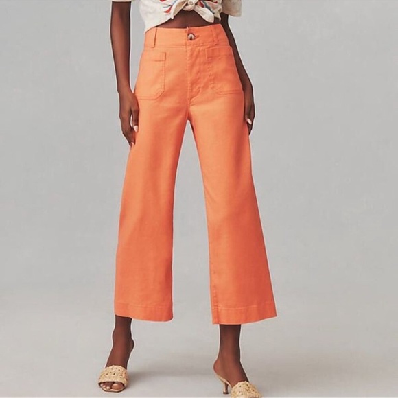 NWT Anthropologie The Colette Linen Cropped Wide Leg Pants Maeve Orange 24T TALL - Picture 1 of 10